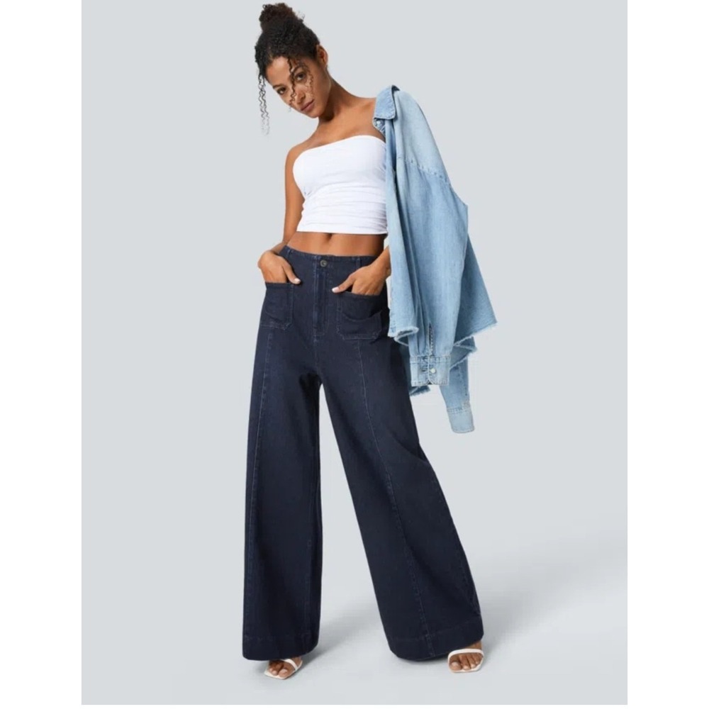Halara Flex™ High Waisted Pockets Washed Casual Wide Leg Jeans Large Tall